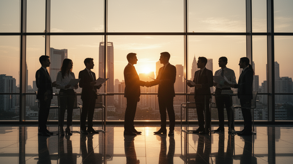 Business Team Silhouettes Meeting in Modern Office at Sunset