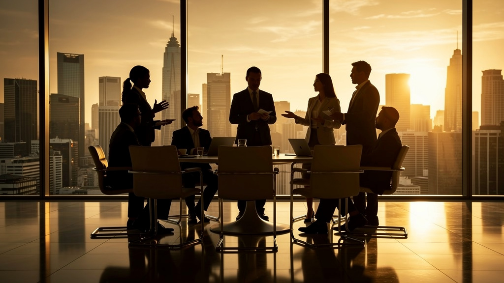 Business Team Meeting in Modern Glass Office at Sunset