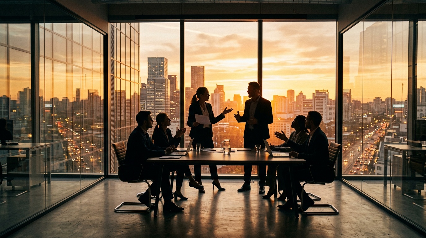 Business Team Meeting in Modern High-Rise Office at Sunset