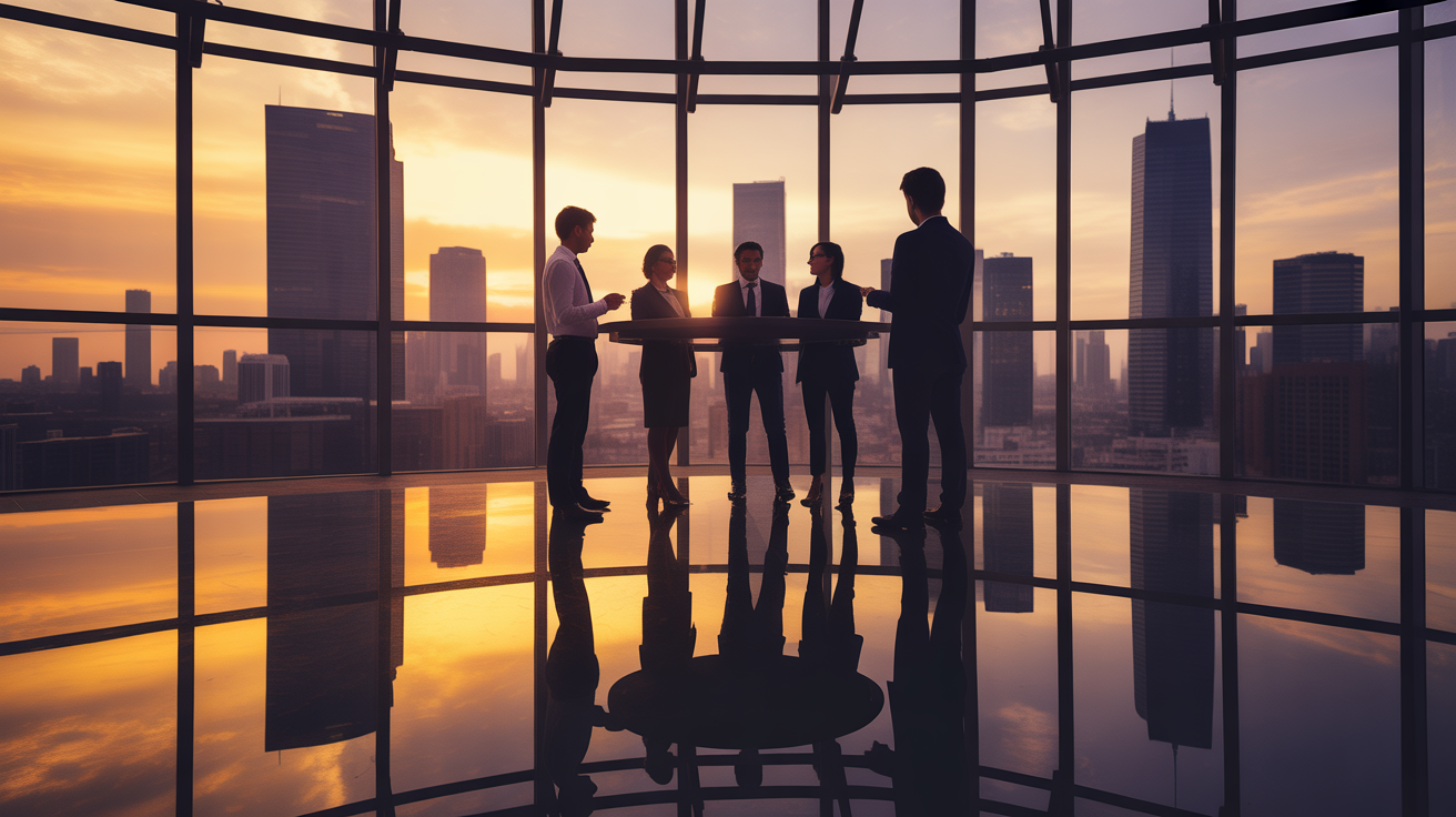 Business Team Meeting in Modern Glass Office at Sunset