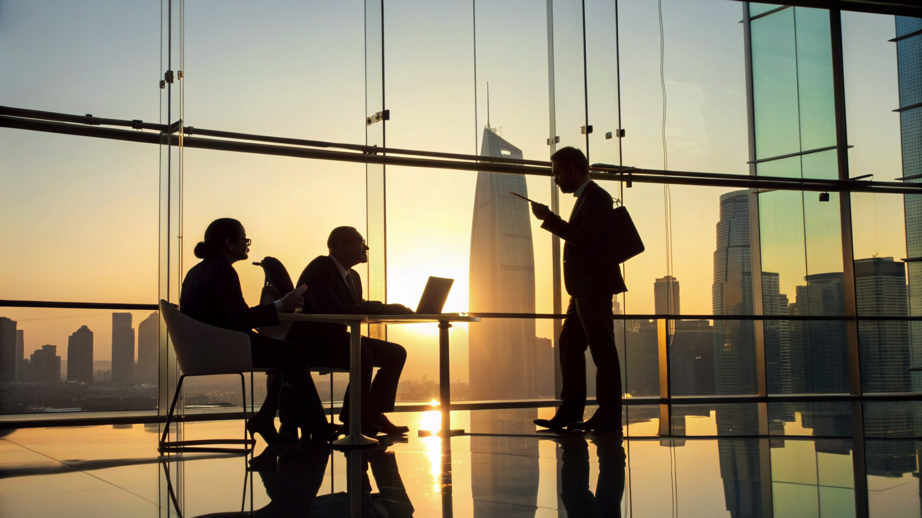 Business Team Meeting in Modern Glass Office at Sunset