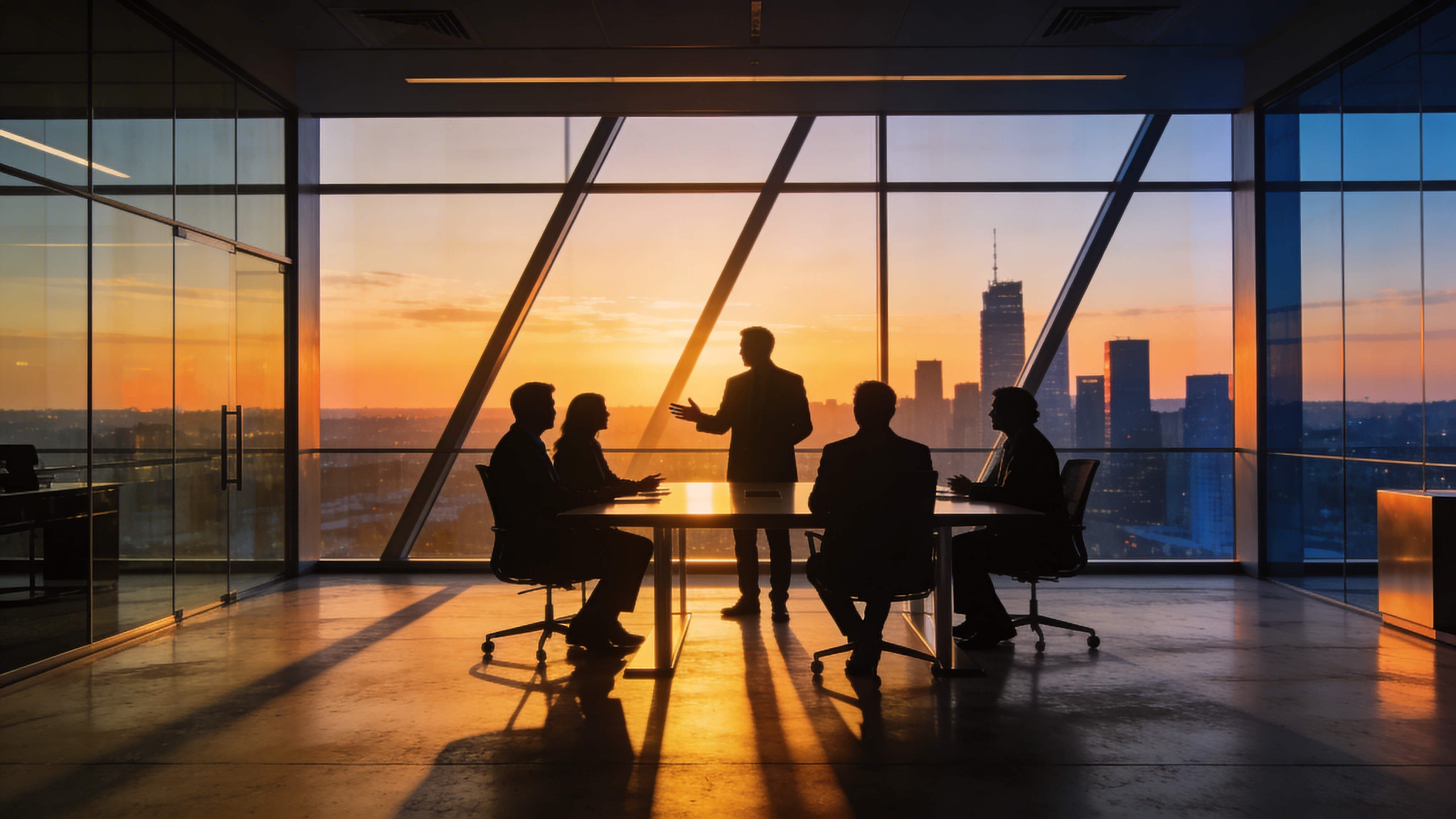 Business Team Meeting in Modern High-Rise Office at Sunset