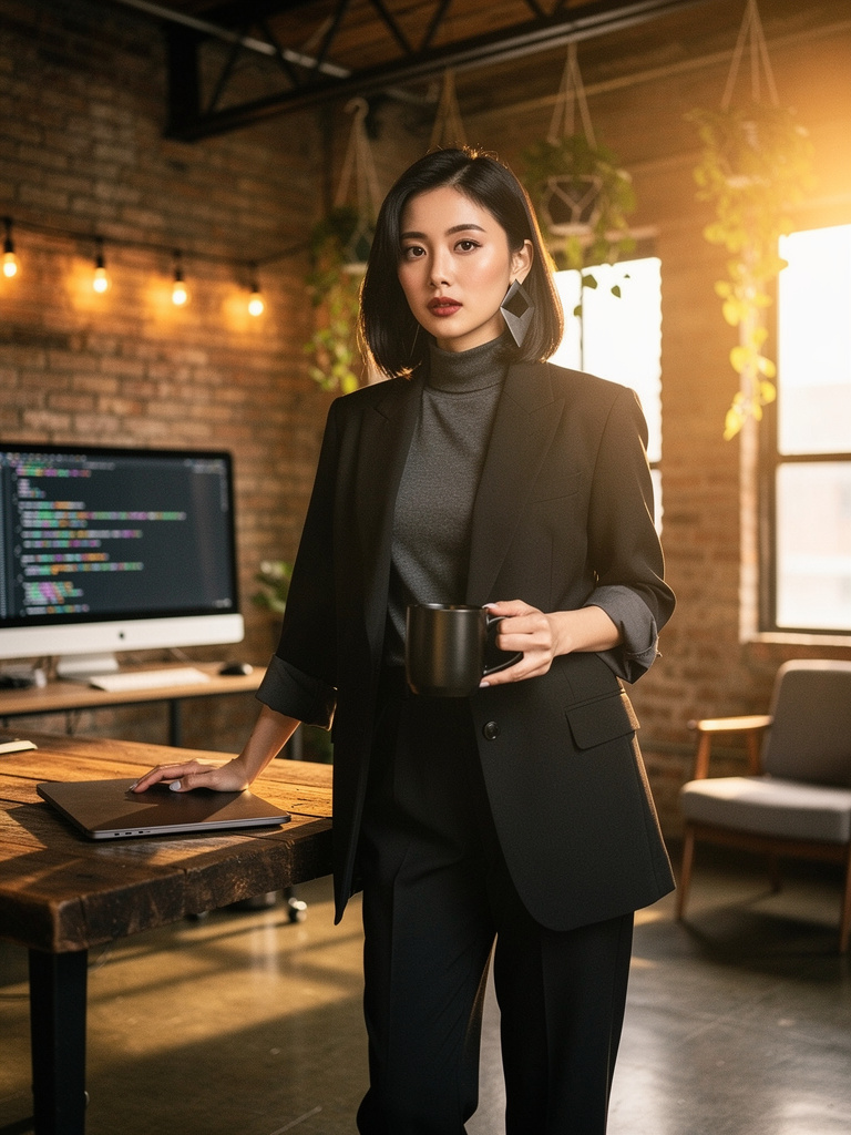 Professional Woman in Modern Loft Office with Coffee