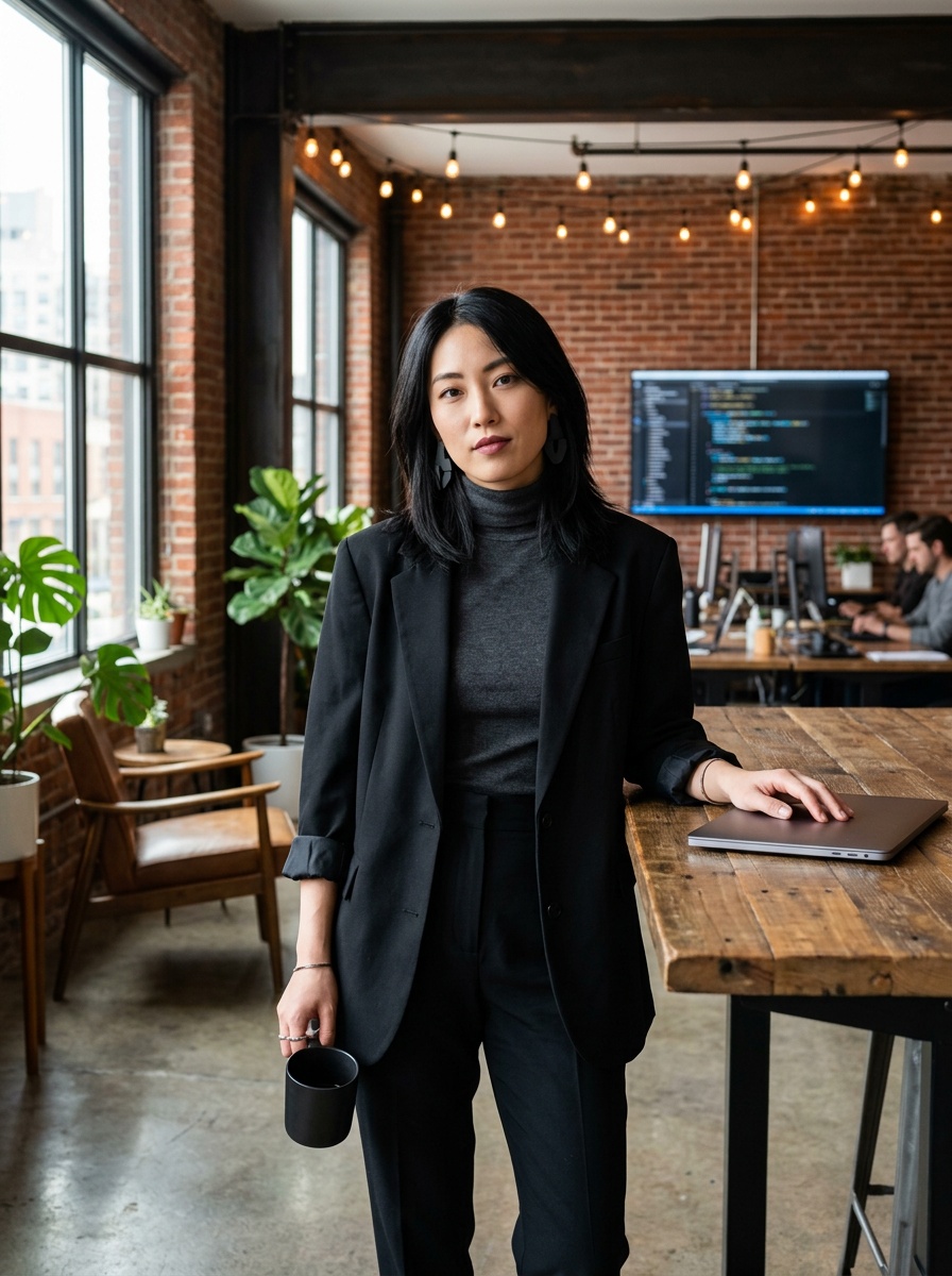 Professional Woman at Modern Loft Office Workspace