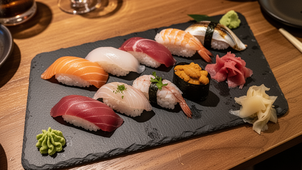 Fresh Sushi Platter on Dark Slate Board with Garnish