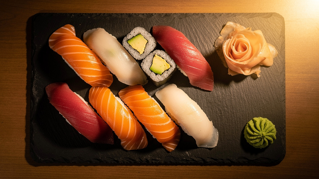 Fresh Sushi Platter on Dark Slate Board with Garnish
