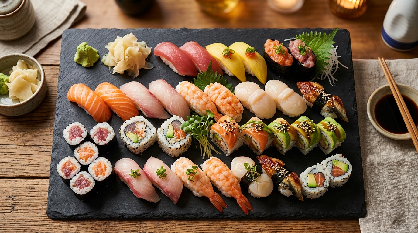 Premium Sushi Platter on Dark Slate Board with Garnish