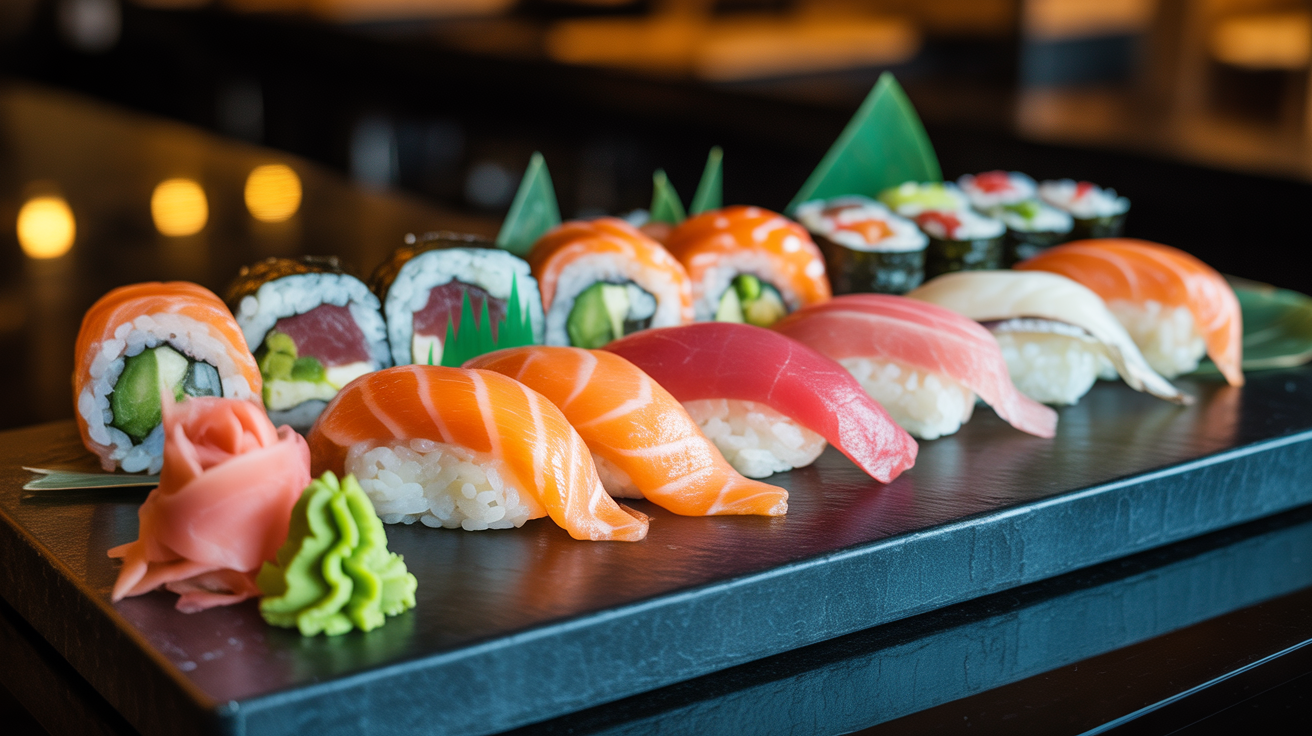 Fresh Sushi Platter on Dark Slate Board with Garnish