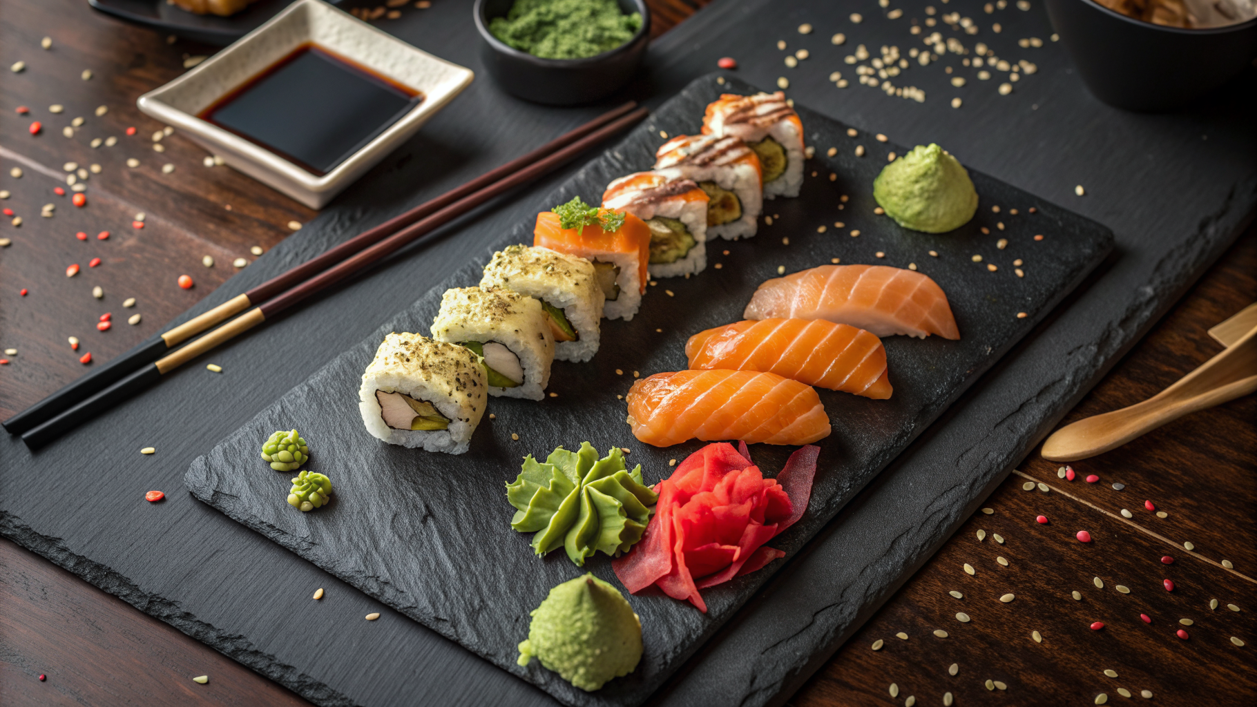 Fresh Sushi Platter on Dark Slate Board with Garnishes