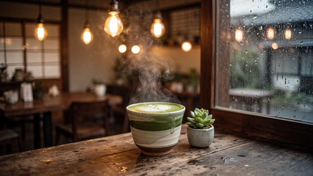 Cozy Japanese Cafe with Matcha Latte and Rainy Window View