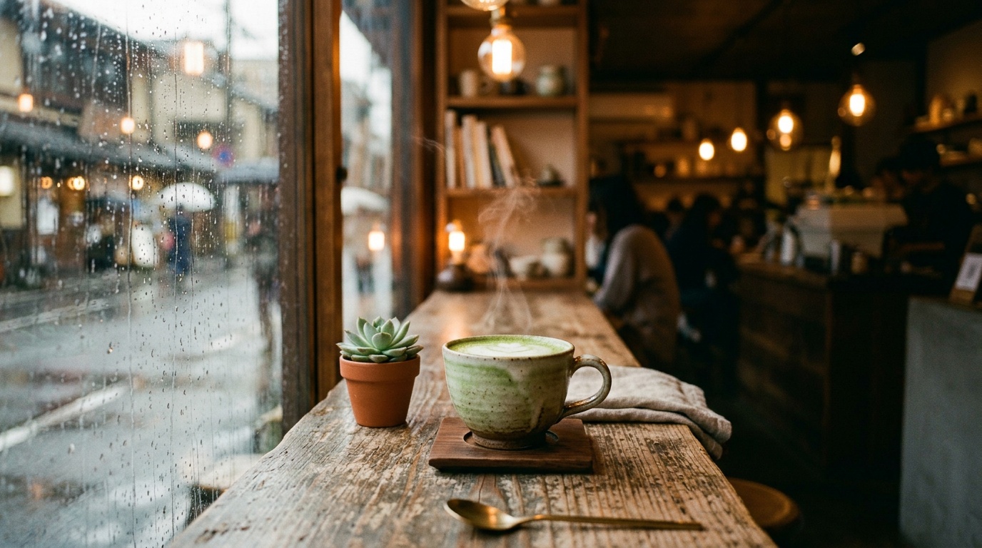 Cozy Matcha Latte at Rainy Japanese Cafe Window