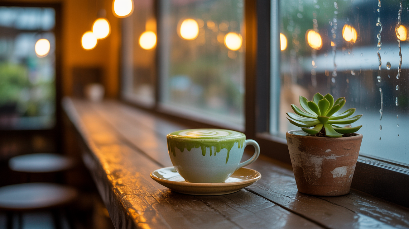 Cozy Japanese Cafe with Matcha Latte at Golden Hour