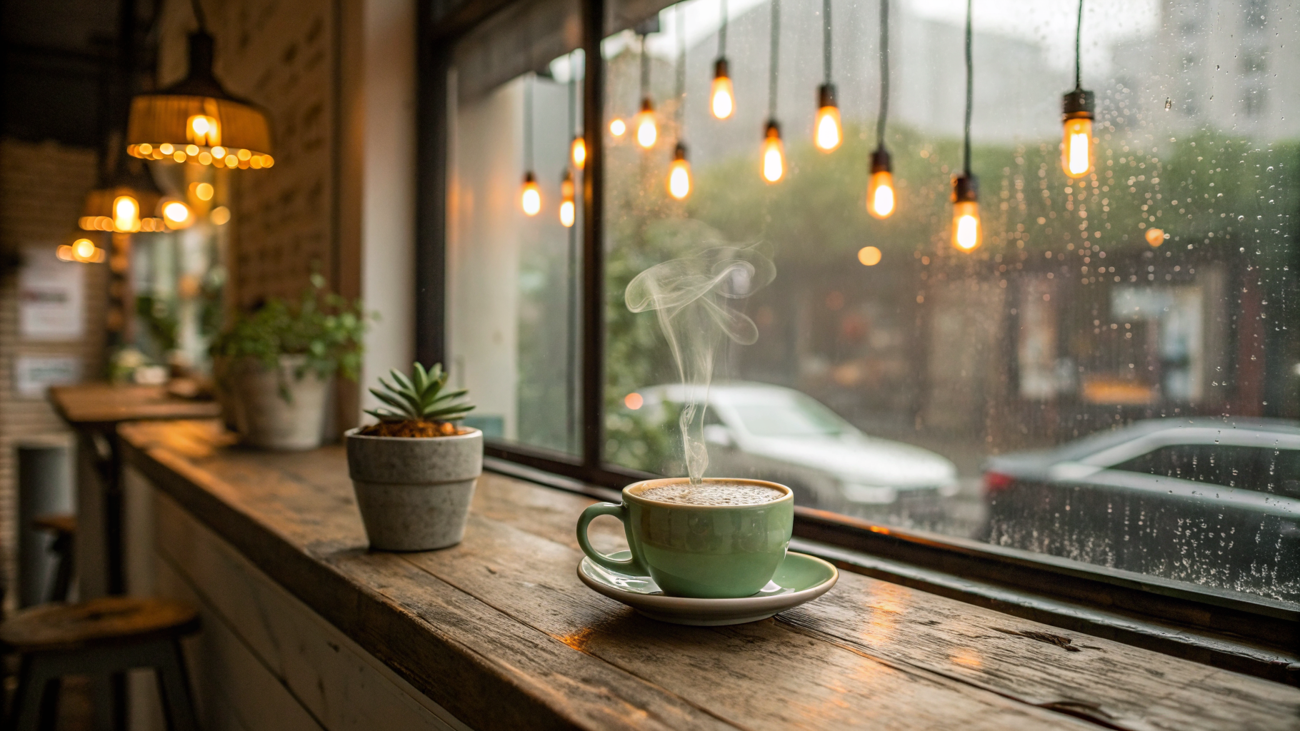 Cozy Cafe Window Scene with Steaming Matcha Latte