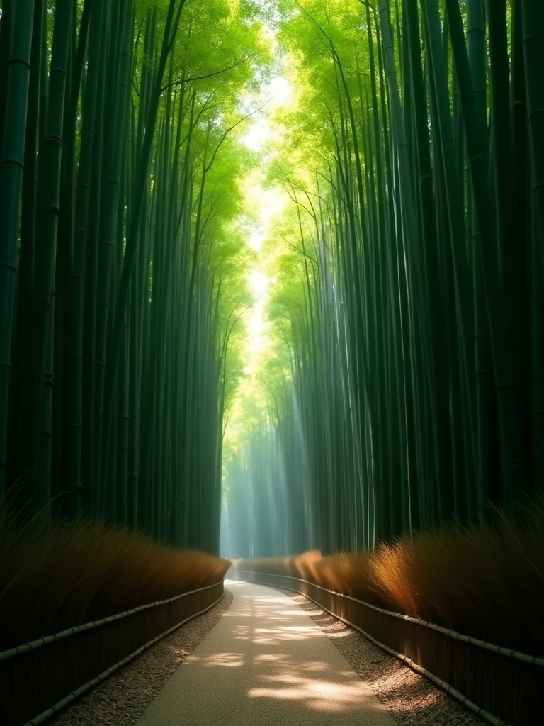 Serene Bamboo Forest Path with Sunlight