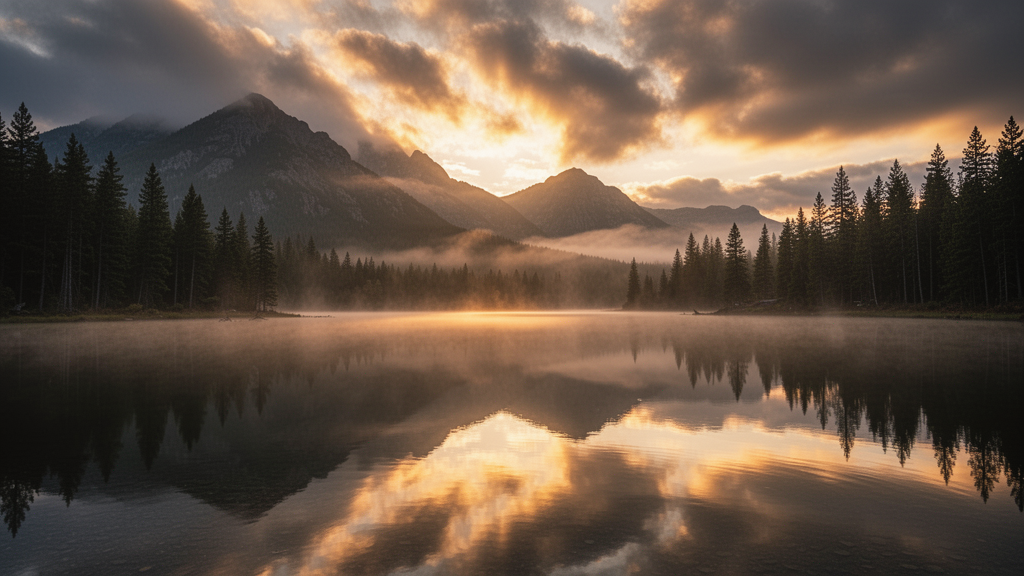Misty Mountain Lake at Sunrise with Golden Cloud Reflections
