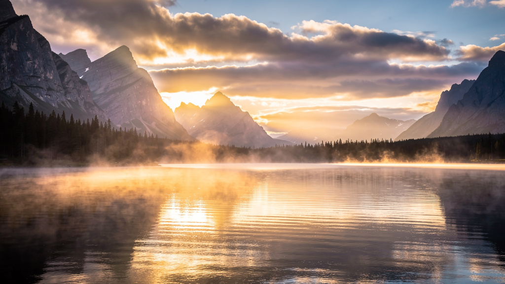 Misty Mountain Lake at Golden Sunrise with Pine Forest