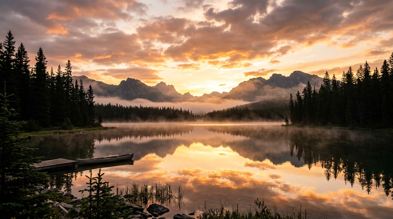 Misty Mountain Lake at Sunrise with Golden Reflections