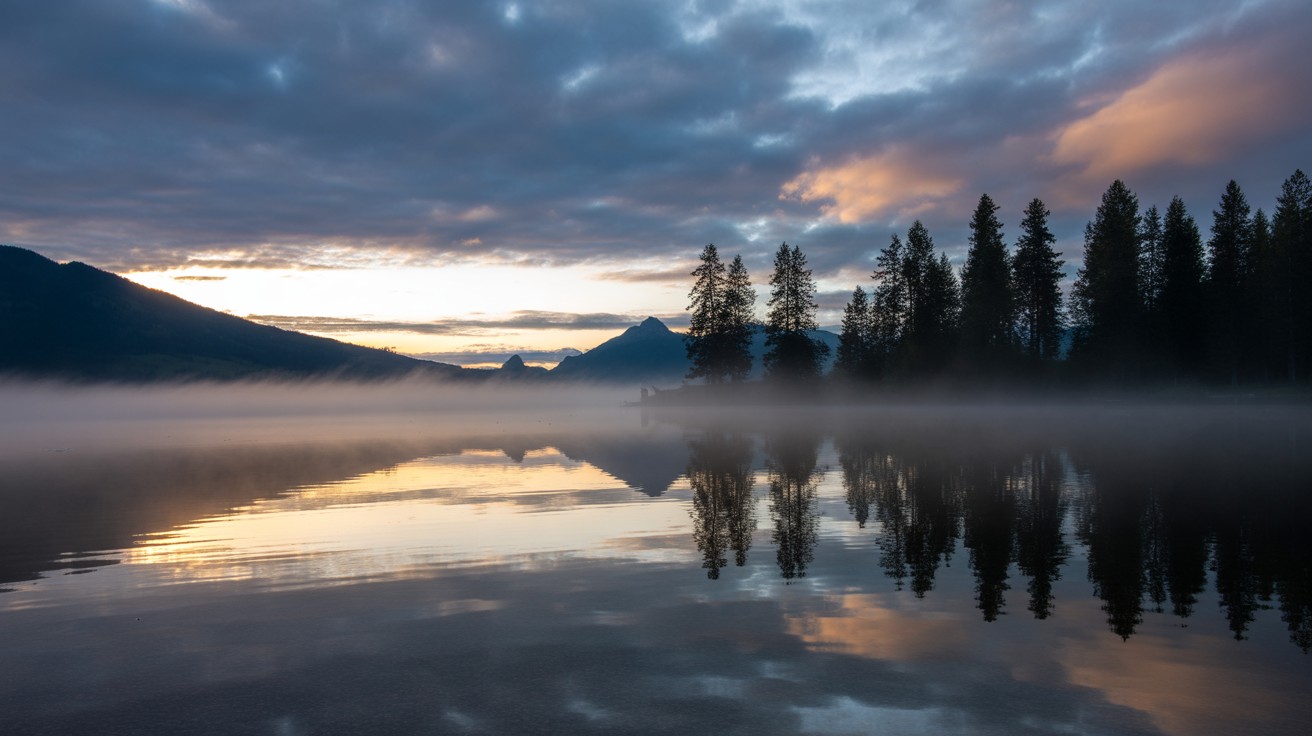 Misty Mountain Lake at Sunrise with Golden Reflections