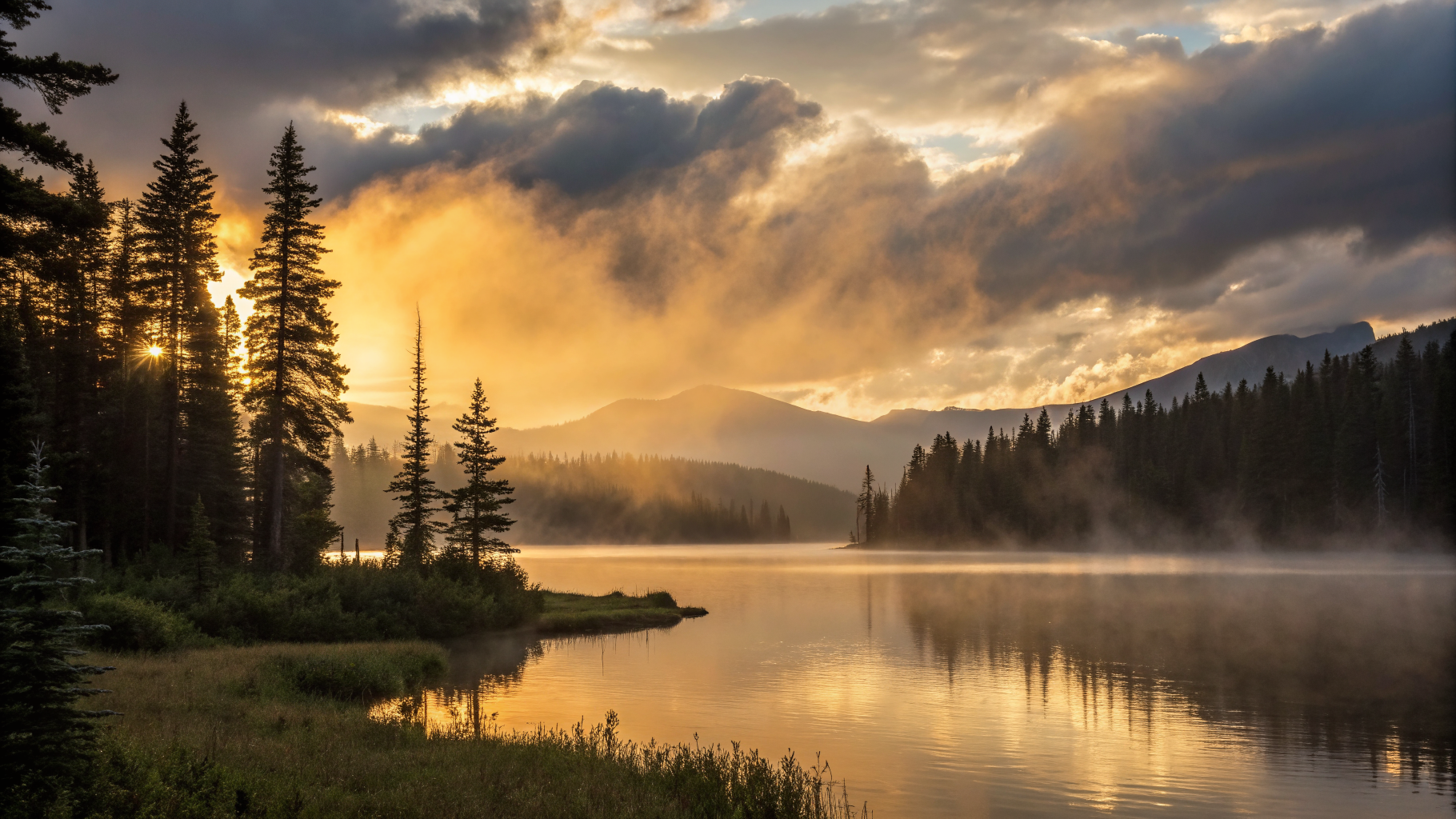 Misty Mountain Lake at Sunrise with Golden Reflections