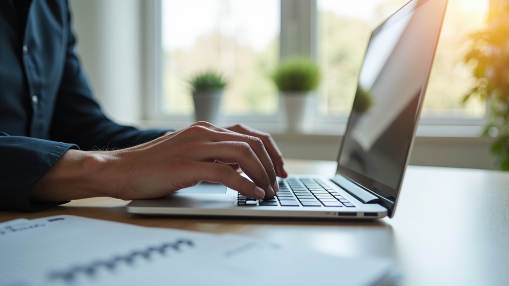 Professional typing on laptop at bright office desk with plants