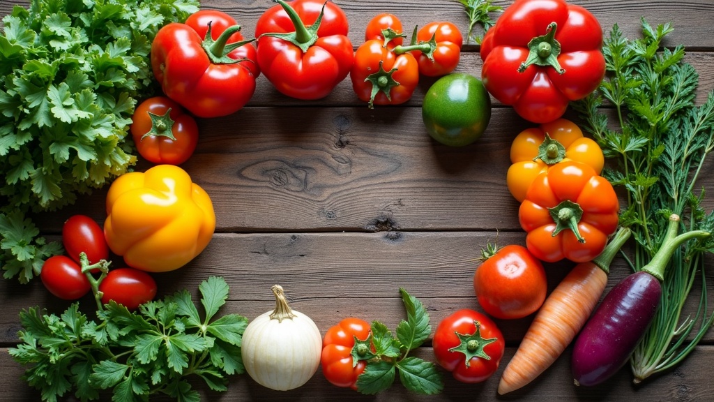 Fresh Organic Vegetables Arranged on Rustic Wood Table
