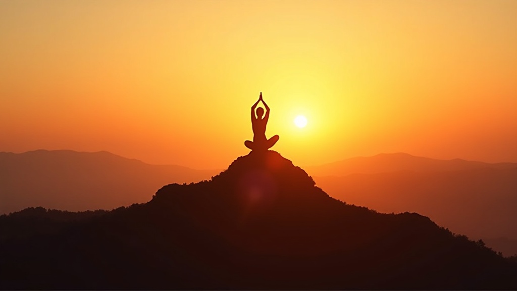 Silhouette Yoga Pose at Sunset on Mountain Peak