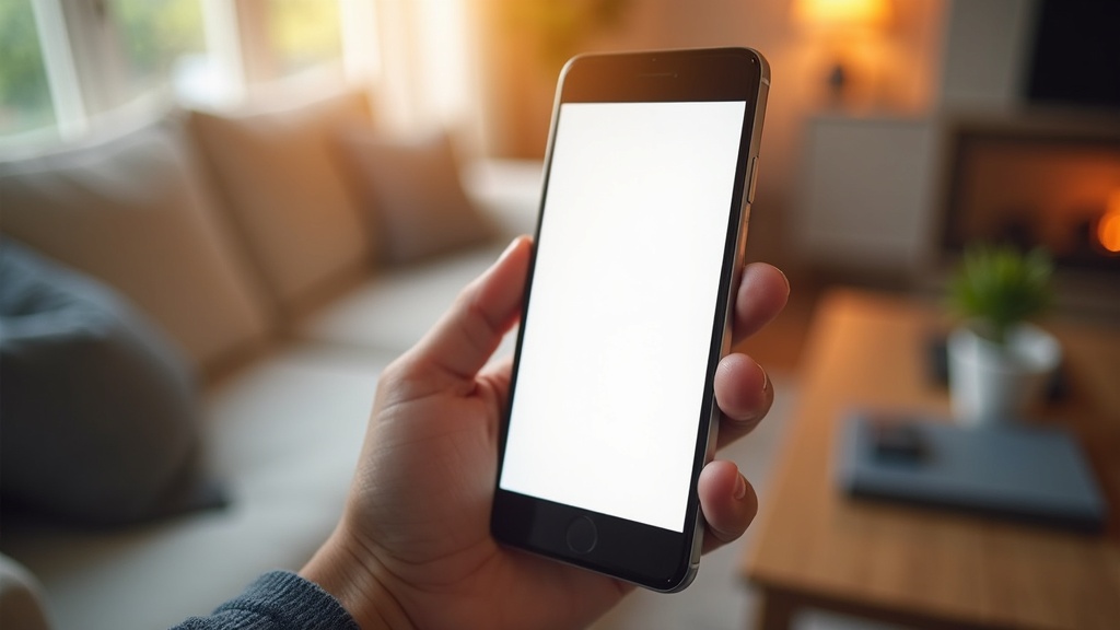 Hand Holding Smartphone with Blank White Screen in Modern Living Room