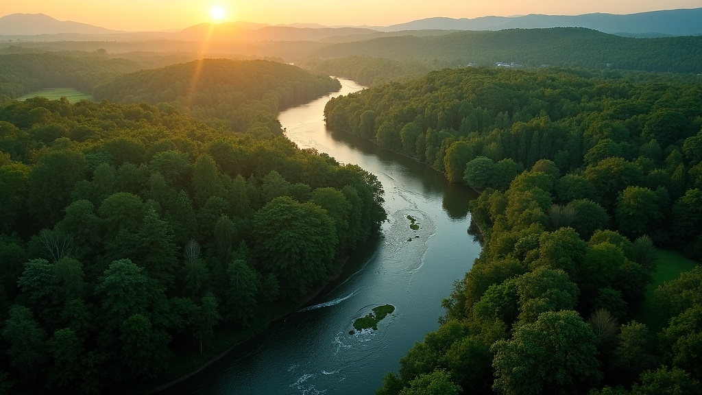 Scenic River Valley at Sunrise with Dense Forest