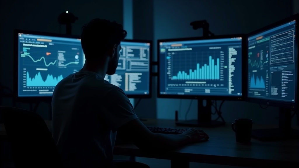 Data Analyst Monitoring Multiple Financial Charts at Night
