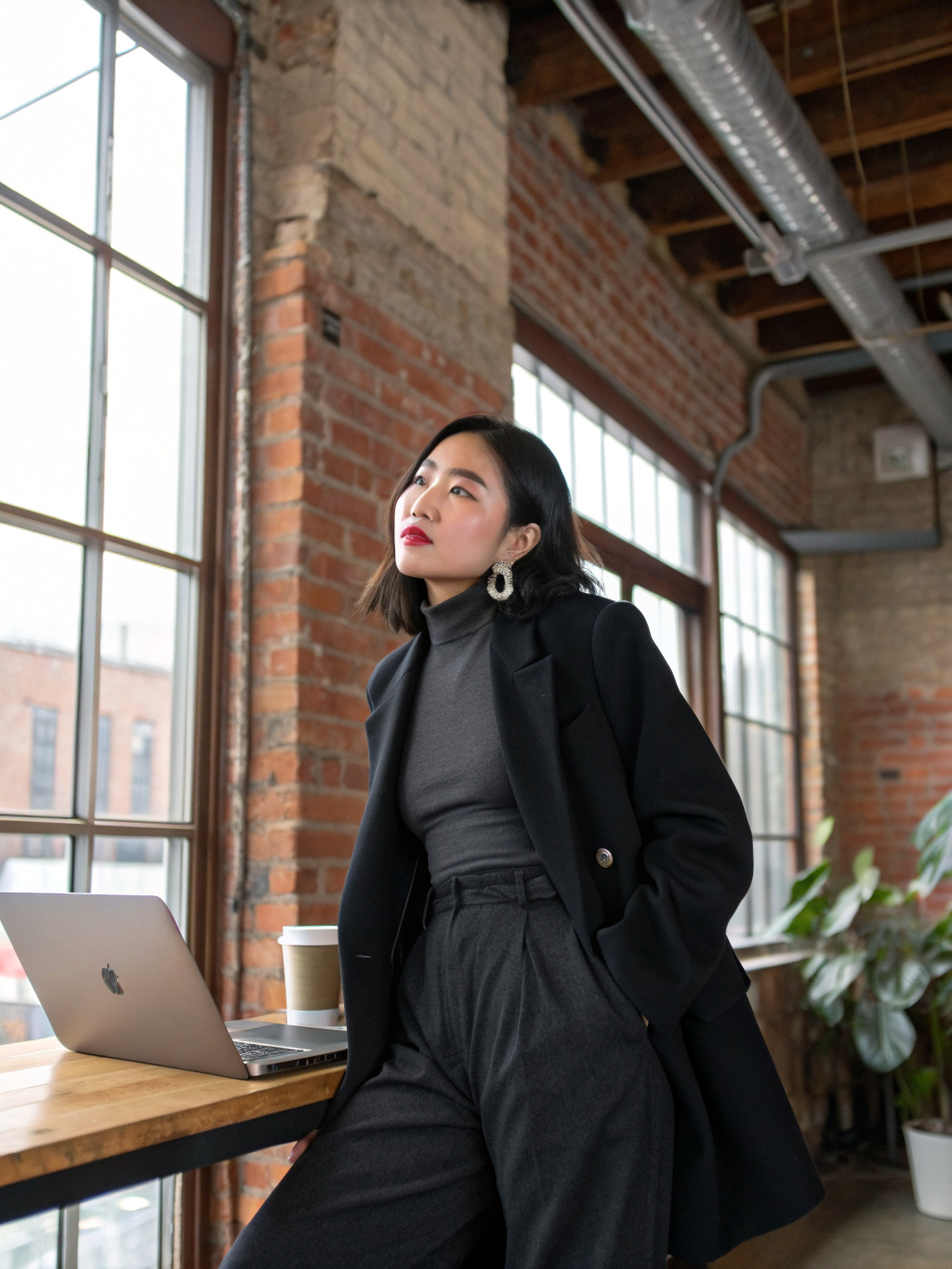 Stylish Japanese Woman in Brooklyn Loft Office